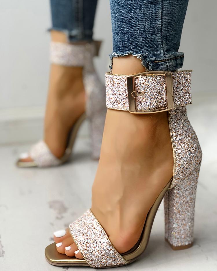 Buy Stylish Sequin Open Toe Chunky Heeled Sandals. Picture