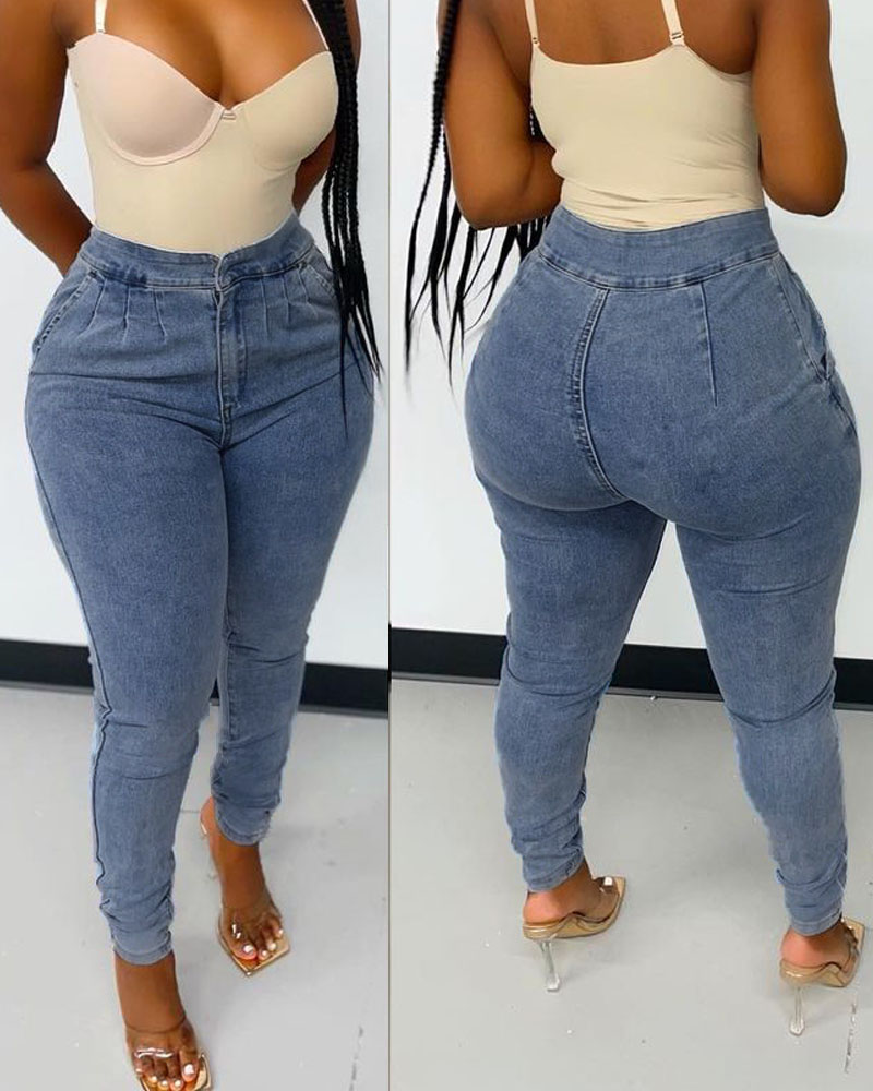

Zipper Fly High Waist Skinny Jeans, Blue