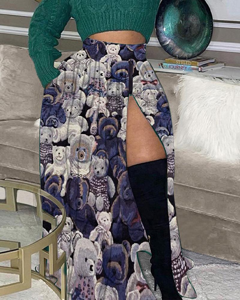 

Cartoon Bear Print High Slit Maxi Skirt, Purplish blue