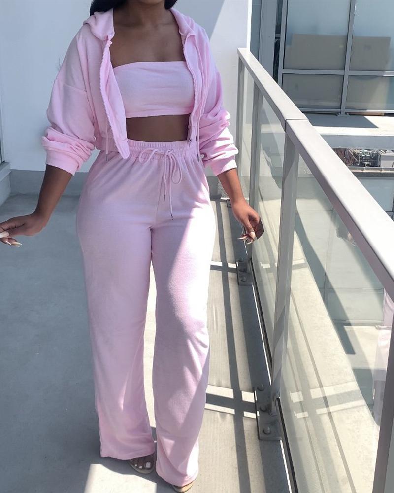 

Tube Top & Drawstring Pants With Hooded Zip Up Coat Set, Pink