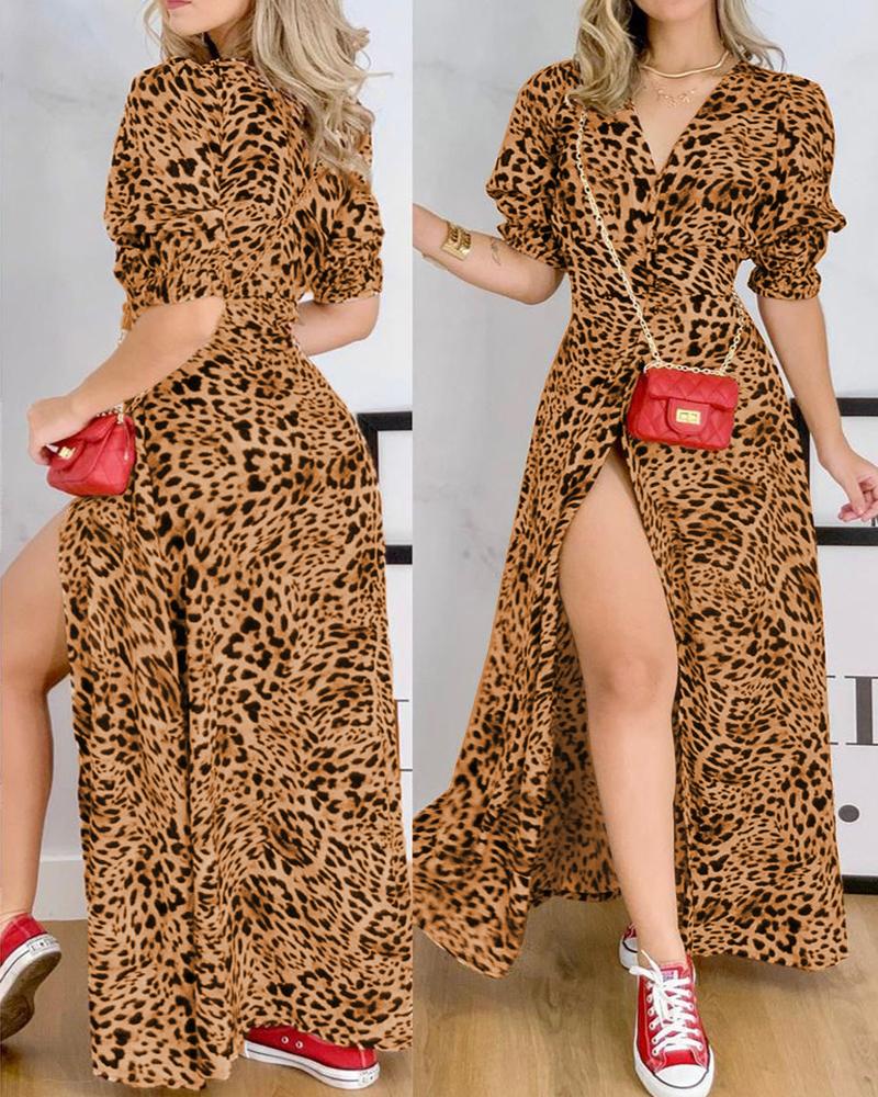 

Cheetah Print Puff Sleeve High Slit Shirt Dress, Leopard