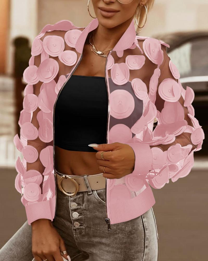 

Floral Pattern Sheer Mesh Baseball Collar Coat Zip Up See Through Casual Jacket, Pink