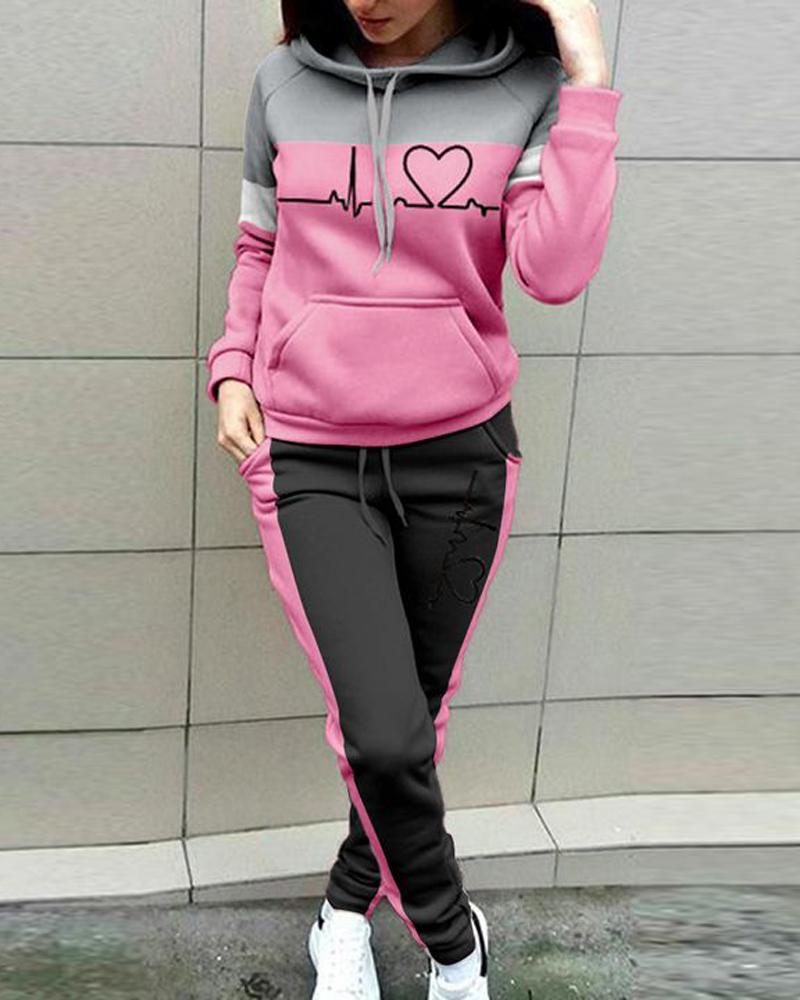

Colorblock Heart Print Drawstring Hoodie & Sweatpants Set, Pink