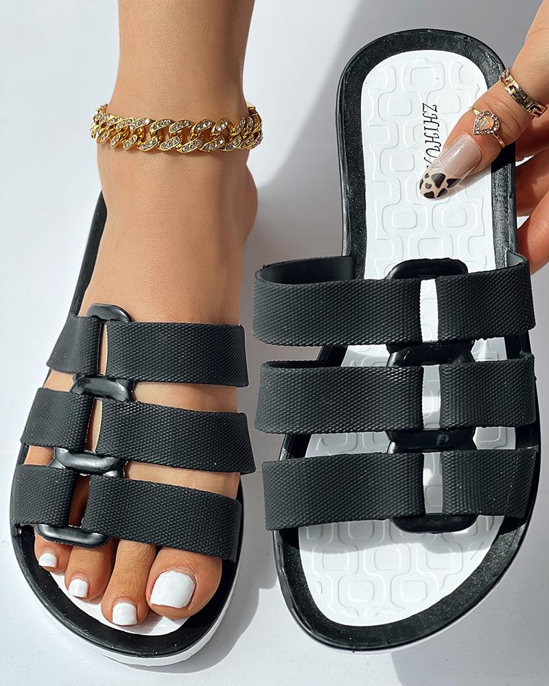

Buckled Strap Summer Beach Slippers, Black