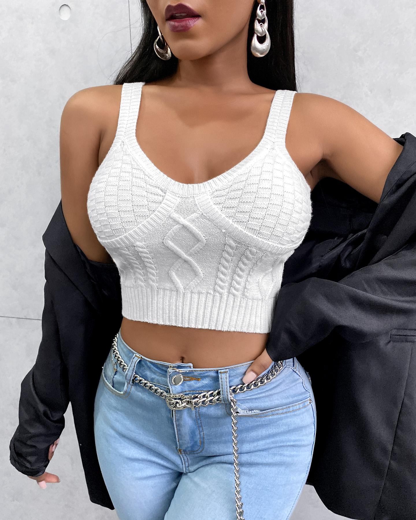 

Plain Thick Strap Knit Crop Tank, White