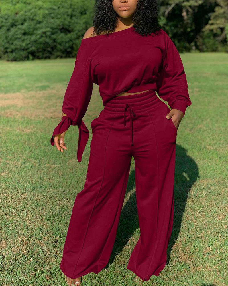 

Lace-Up Back Long Sleeve Top & Drawstring Wide Leg Pants Set, Red