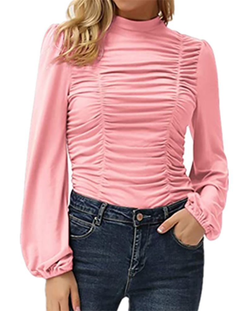 

O Neck Lantern Sleeve Ruched Top, Pink