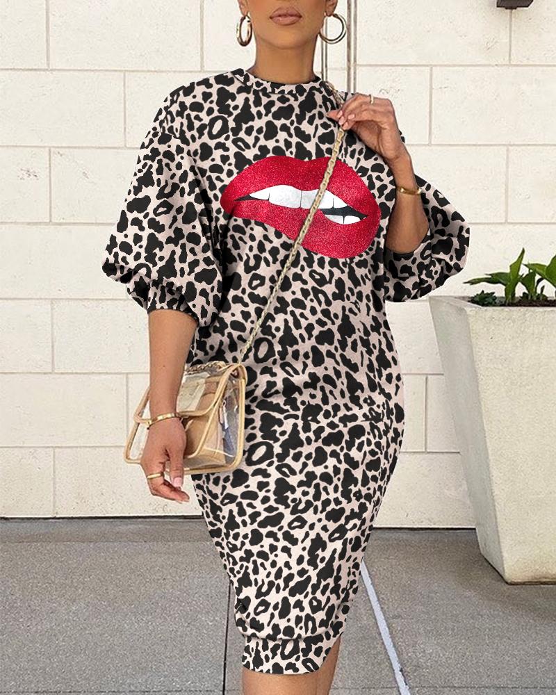 

Leopard Lip Lantern Sleeve Sweatshirt Dress