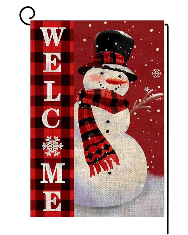 

1pc Christmas Snowman Letter Plaid Print Garden Outdoor Welcome Flag Decoration, Red