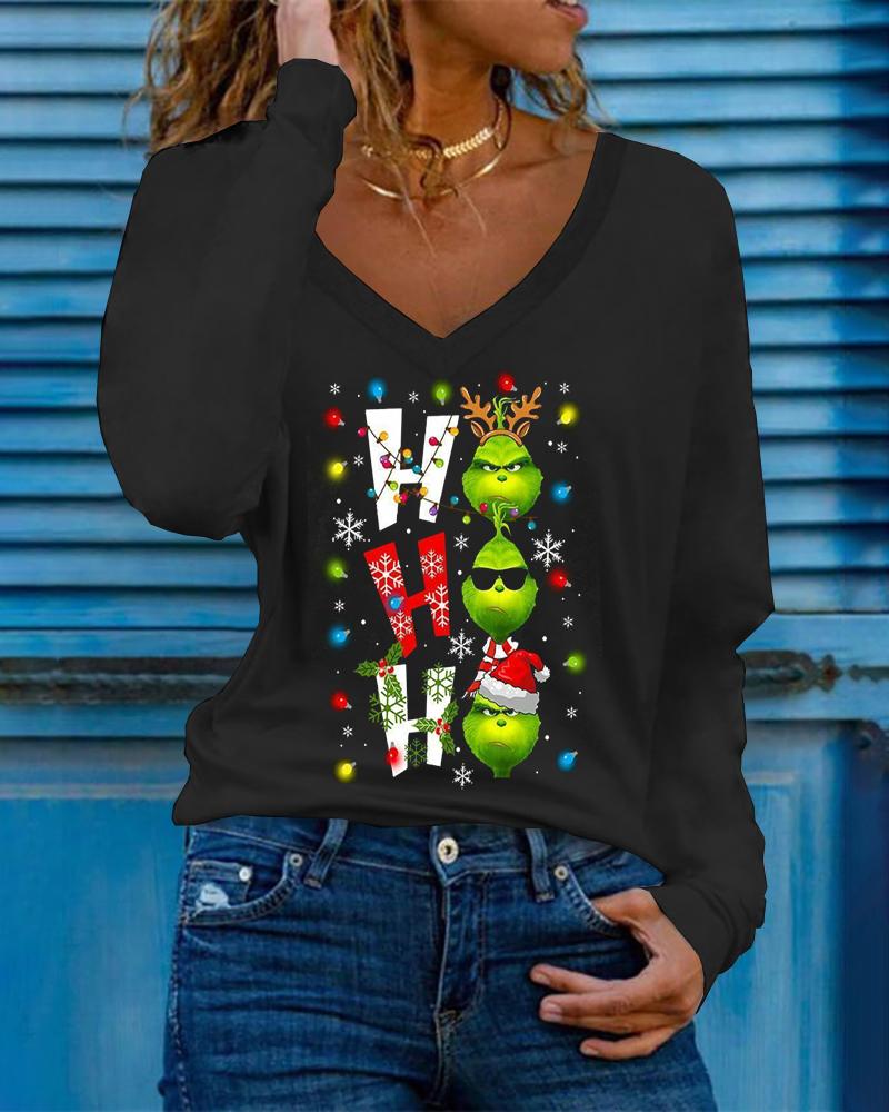 

Christmas Long Sleeve Grinches Letter Print Top, Black
