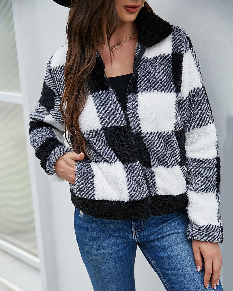 

Plaid Print Zipper Front Long Sleeve Teddy Coat, Black