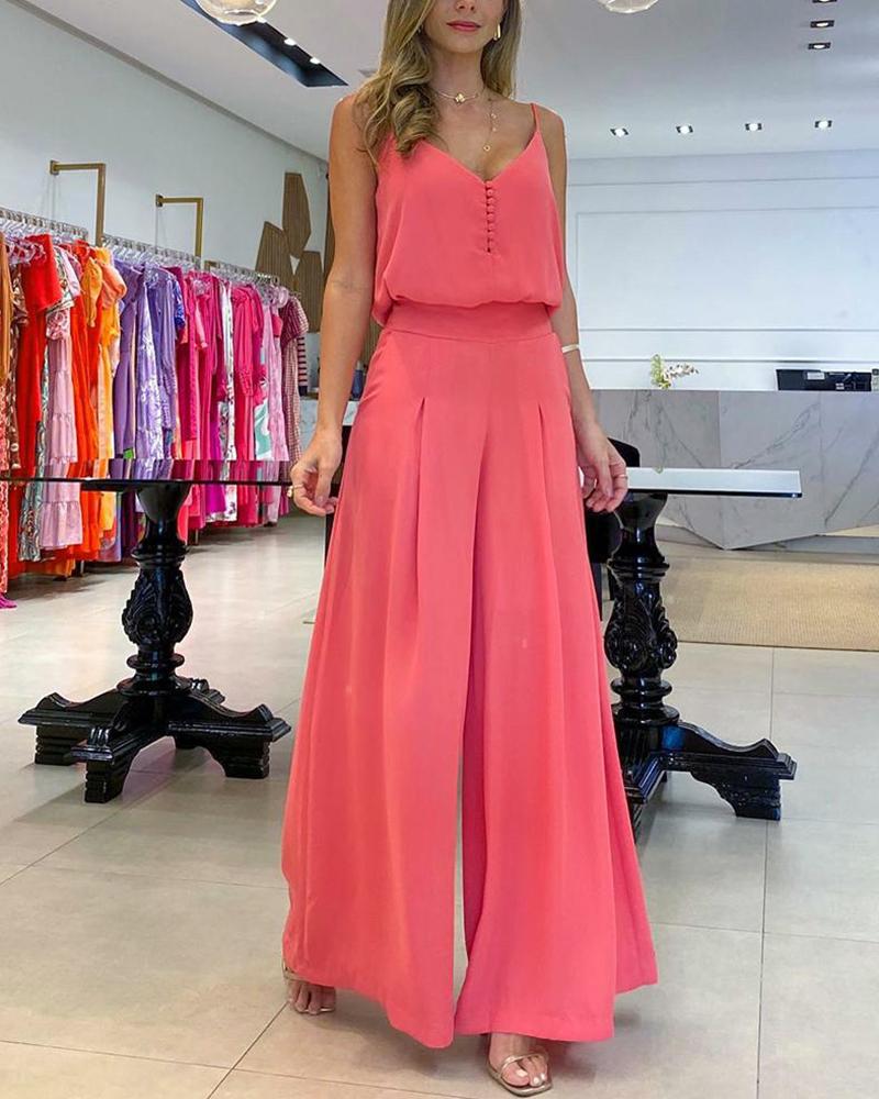 

Buttoned Ruched Slit Cami Top & Flared Pants Set, Hot pink