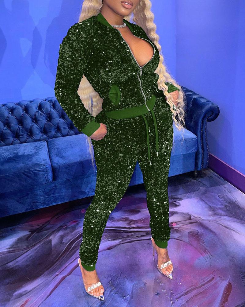 

Sequin Long Sleeve Zip Up Coat & Pants Set, Green
