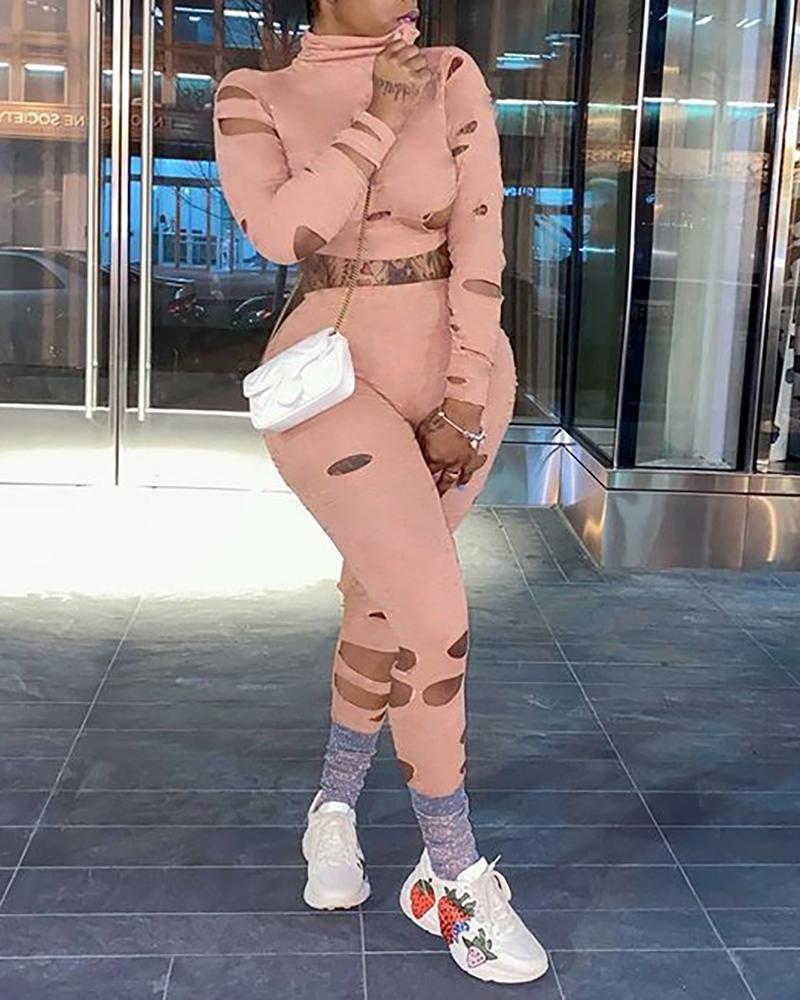 

Plain Ladder Cutout Crop Top & High Waist Pants Set, Khaki