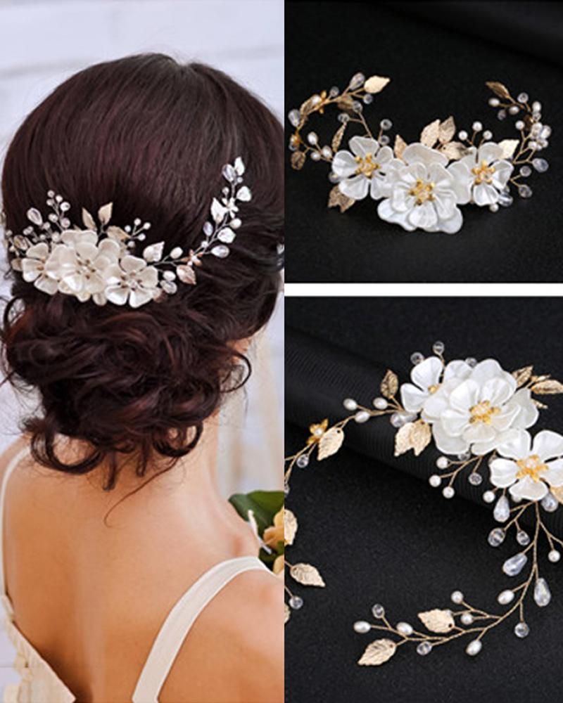 

Bridal Wedding Headpiece Beaded Floral Pattern Headband Hair Accessories, Silver