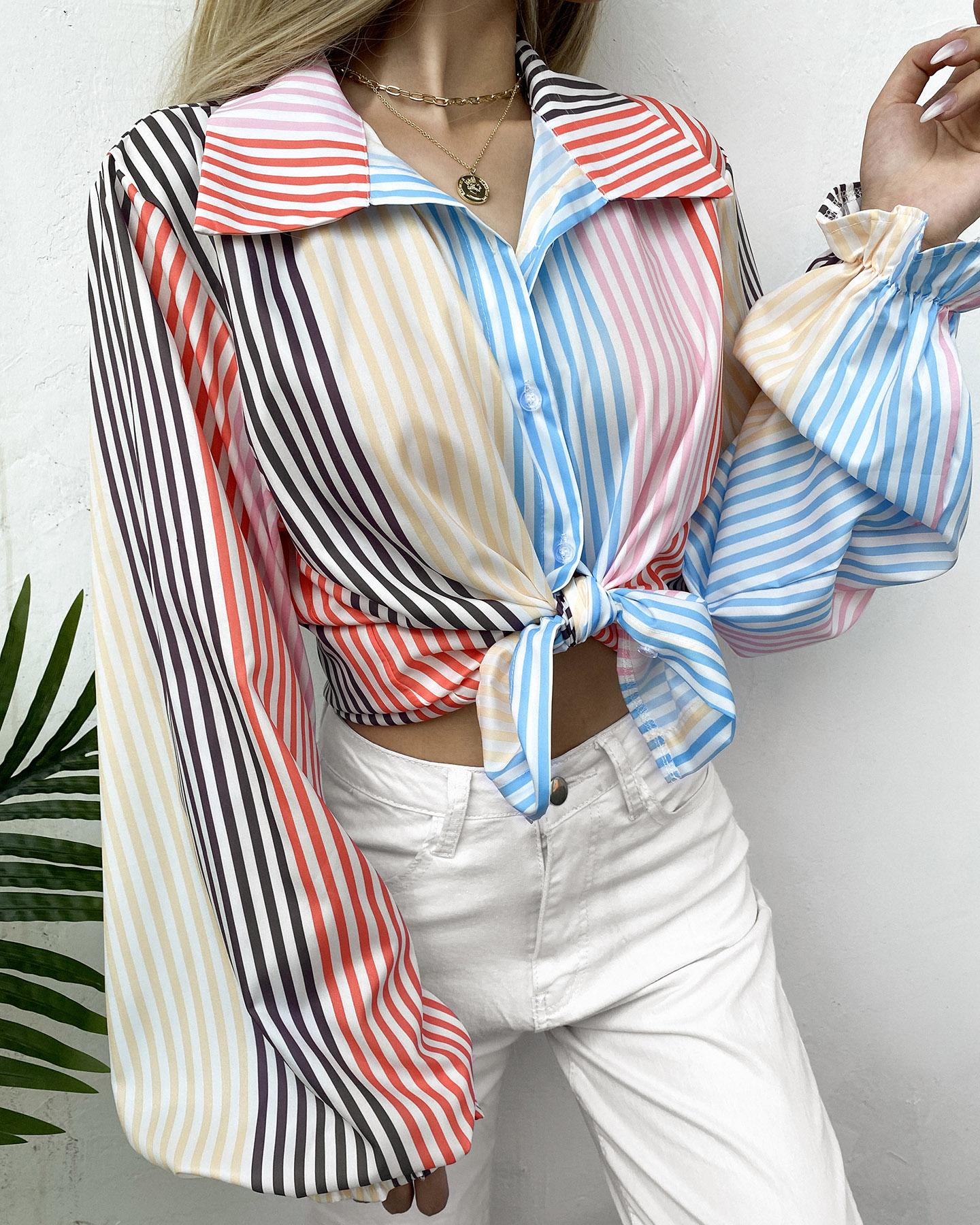 

Striped Colorblock Lantern Sleeve Buttoned Top, Multicolor