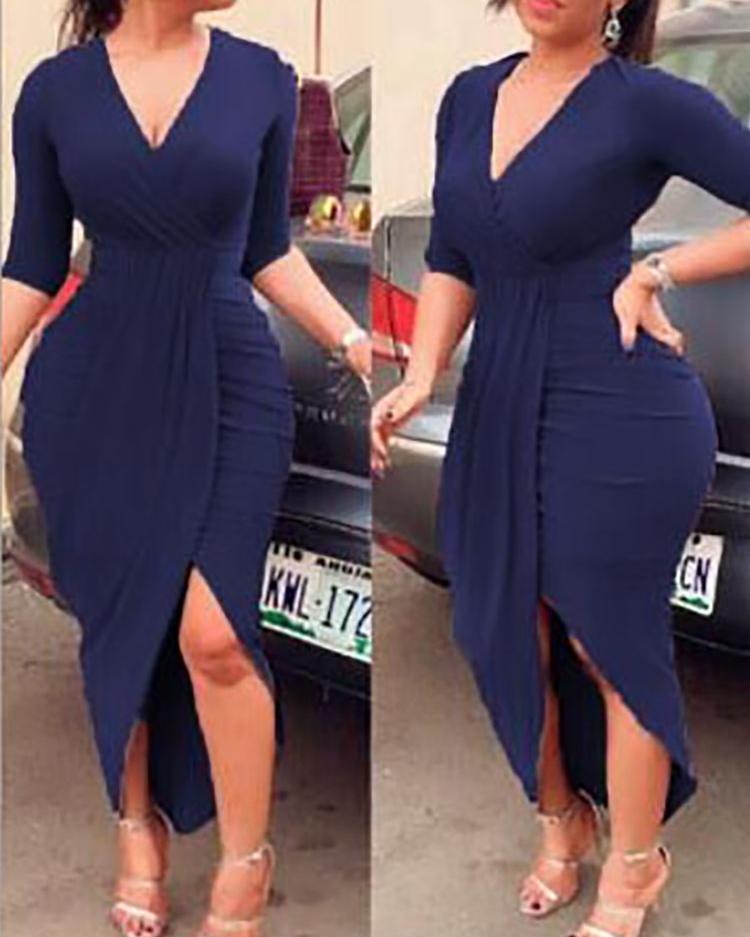

Deep V Ruched Tulip Hem Party Dress, Dark blue
