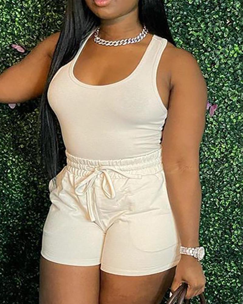 

U Neck Tank Top & Casual Drawstring Shorts Set, White