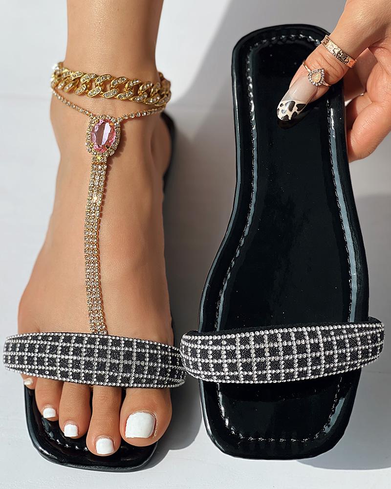 

Rhinestone Plaid Pattern Thin Strap Slippers, Black