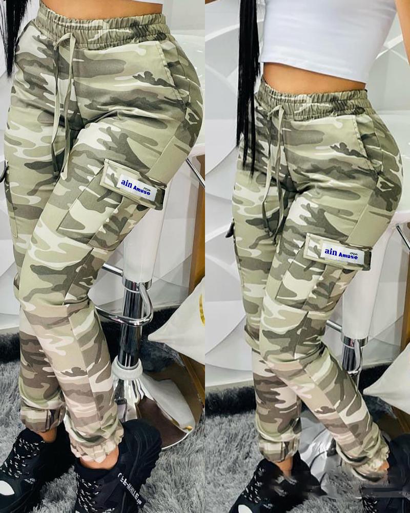 

Camouflage Print Pocket Design Drawstring Cargo Pants, Multicolor