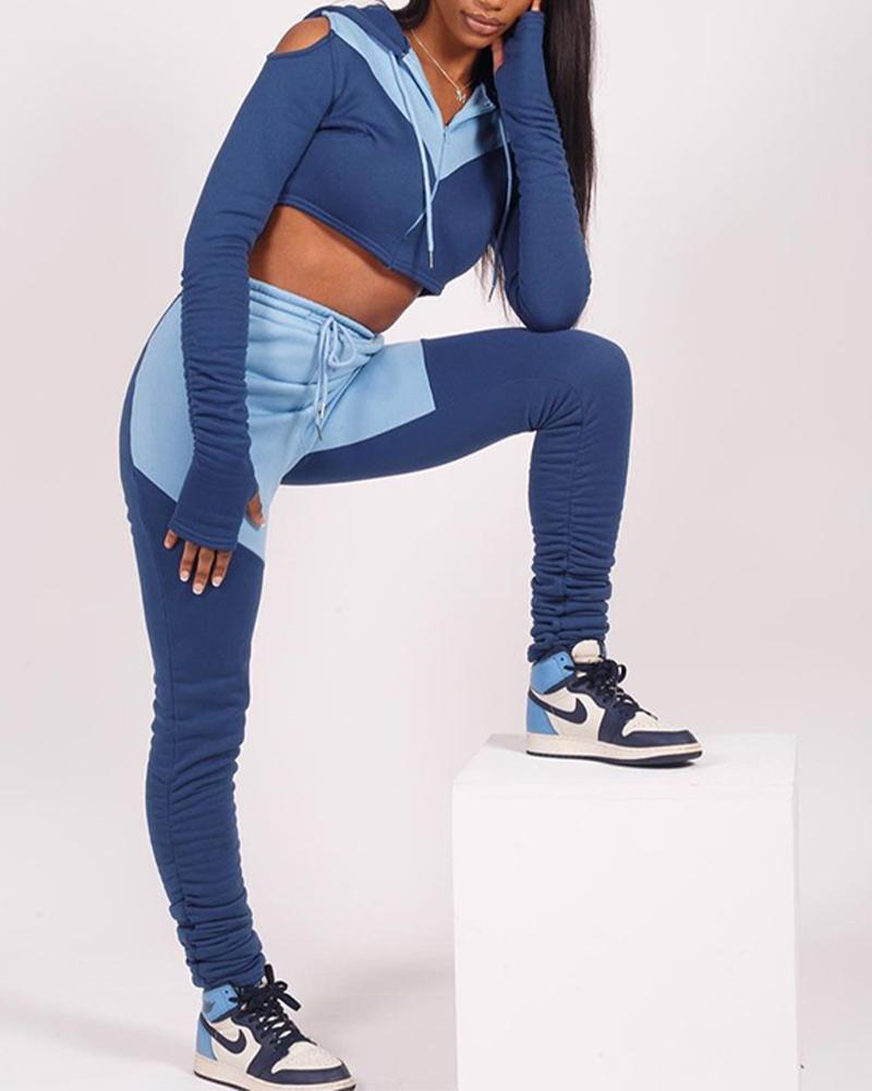 

Zipper Front Cut-Out Drawstring Hooded Crop Top & Stacked Pants Set, Blue