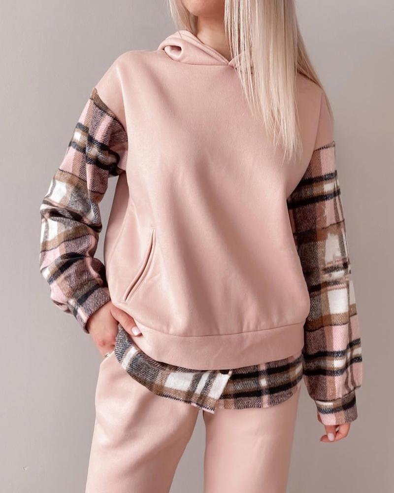

Plaid Panel Drop Shoulder Hooded Sweatshirt, Pink