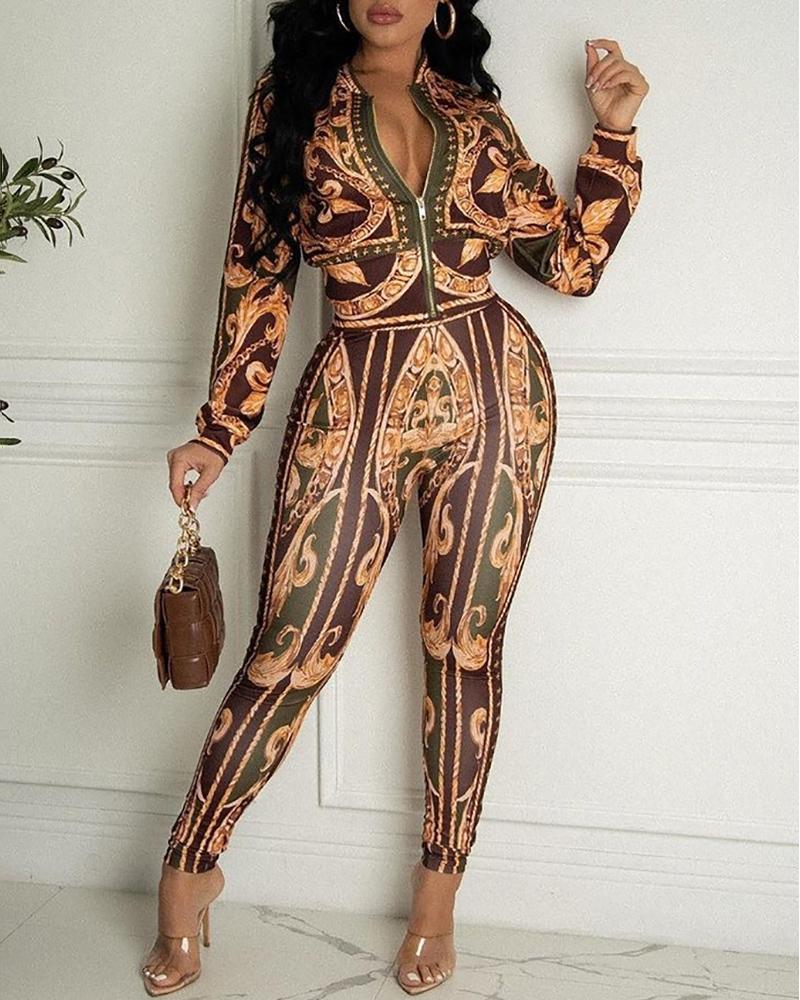 

Baroque Print Zipper Design Coat & High Waist Pants Set, Coffee