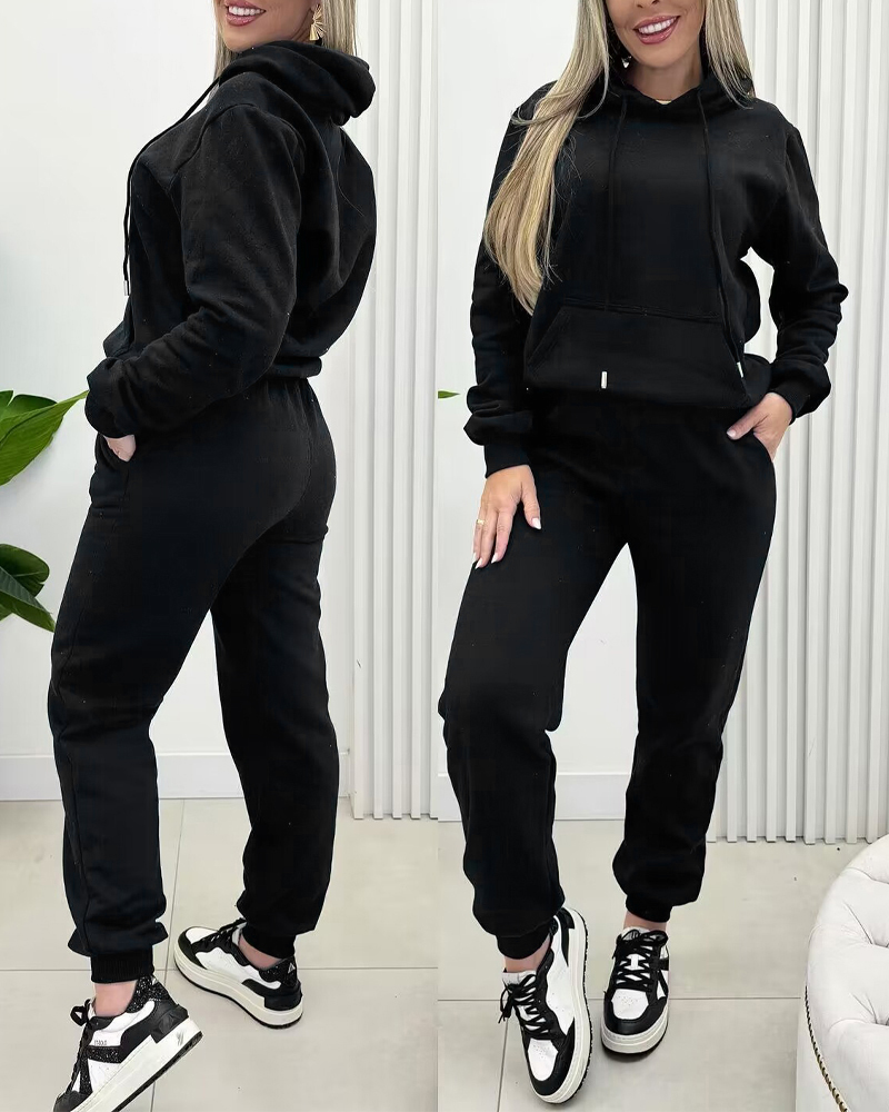

Conjunto de 2 piezas: sudadera con capucha y cordón ajustable con forro térmico y bolsillo tipo canguro, y pantalones deportivos casuales con cintura elástica y puños acanalados., Black