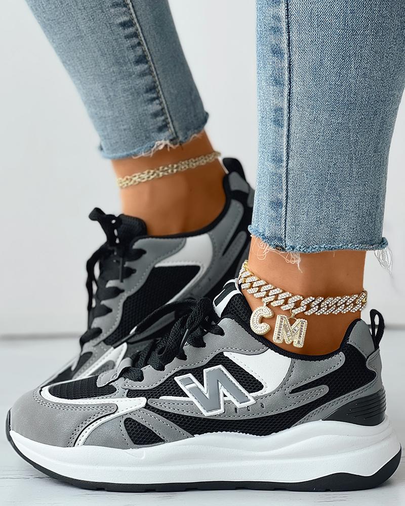 

Contrast Paneled Lace-up Muffin Sneakers, Black