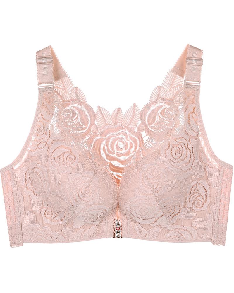 

Rose Pattern Crochet Lace Closure Wirefree Breathable Bra, Nude