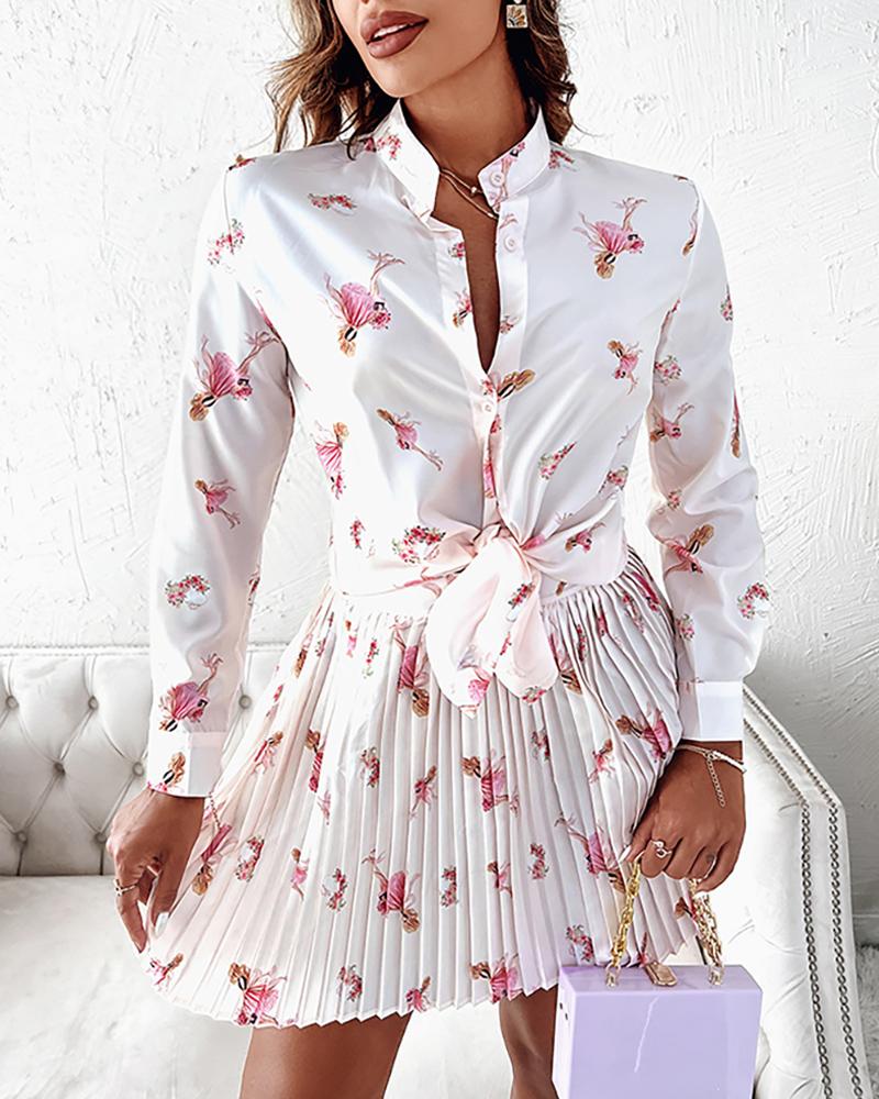 

Floral Print Long Sleeve Buttoned Shirt & Pleated Skirt Set, Beige