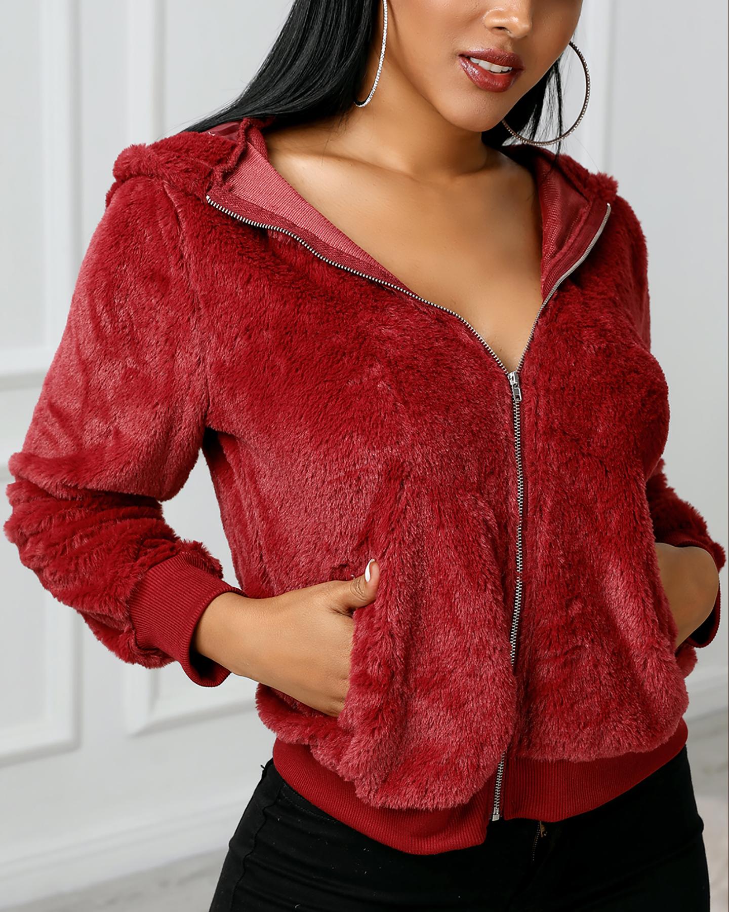 

Plush Rabbit Fur Faux Fur Coat, Red