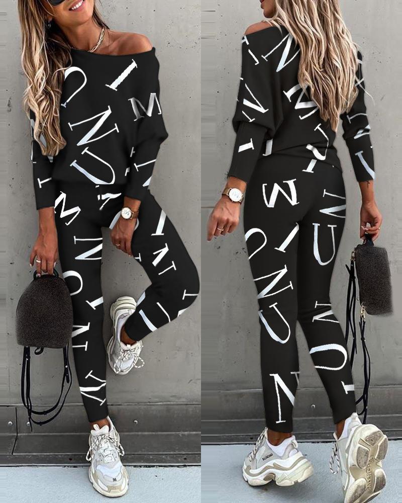 

Letter Print Top & High Waist Pants Set, Black