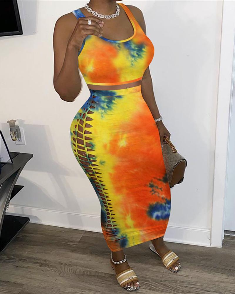 

Tie Dye Print Crop Top & Ladder Cutout Maxi Skirt Set, Orange