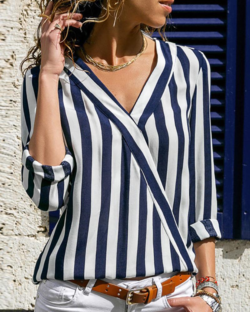 

Long Sleeve V Neck Striped Women Blouse, Blue