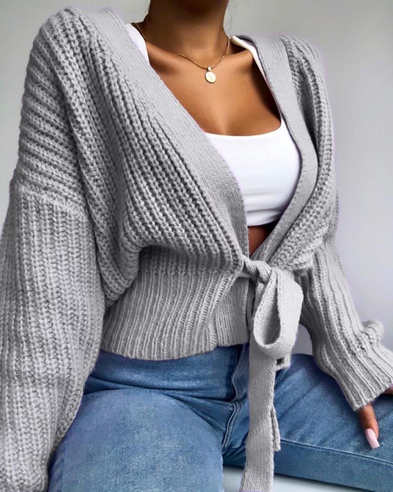 

Tie Front Long Sleeve Casual Knit Cardigan, Gray