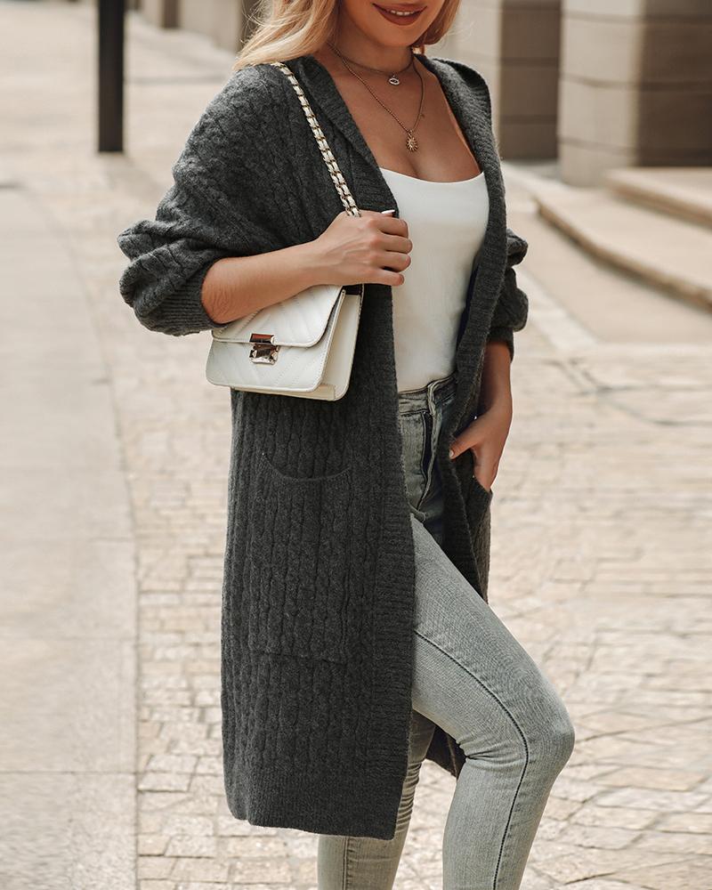

Cable Knit Pocket Design Longline Cardigan, Gray