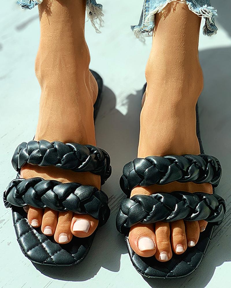 

Quilted Square Toe Braided Flat Sandals, Black