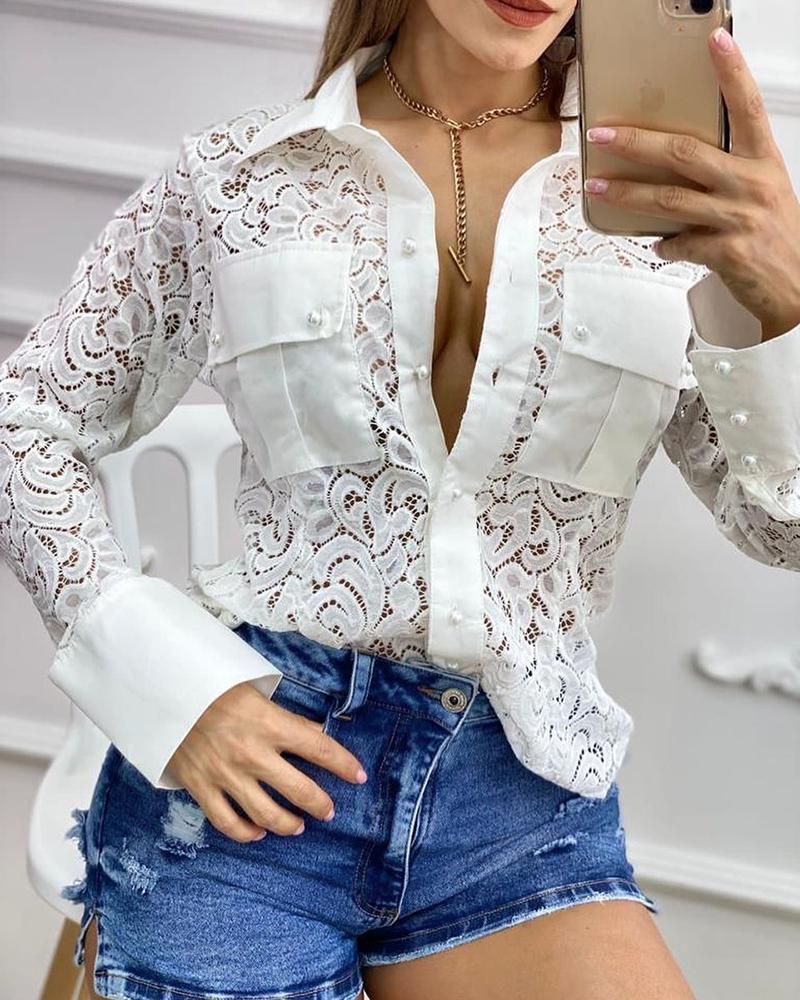 

Crochet Lace Button Pocket Decor Top, White