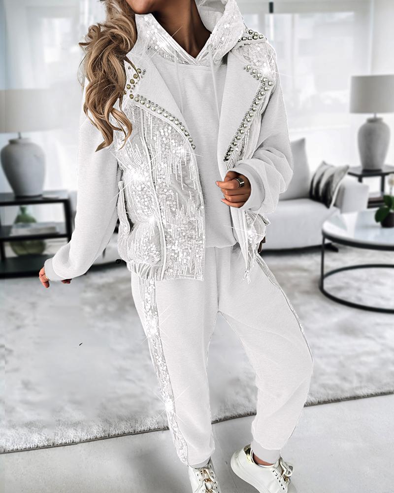 

Contrast Sequin Hoodie & Cuffed Pants Set With Beaded Puffer Vest Coat, White