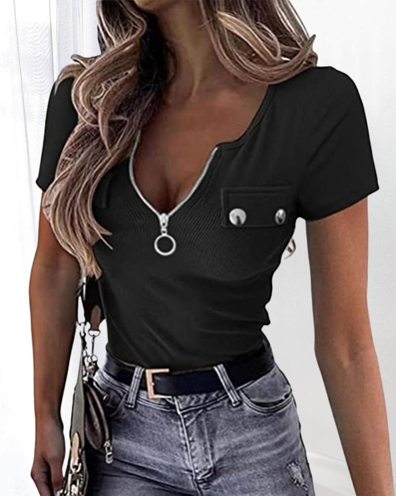 

Short Sleeve Zipper Front Casual T-shirt, Black