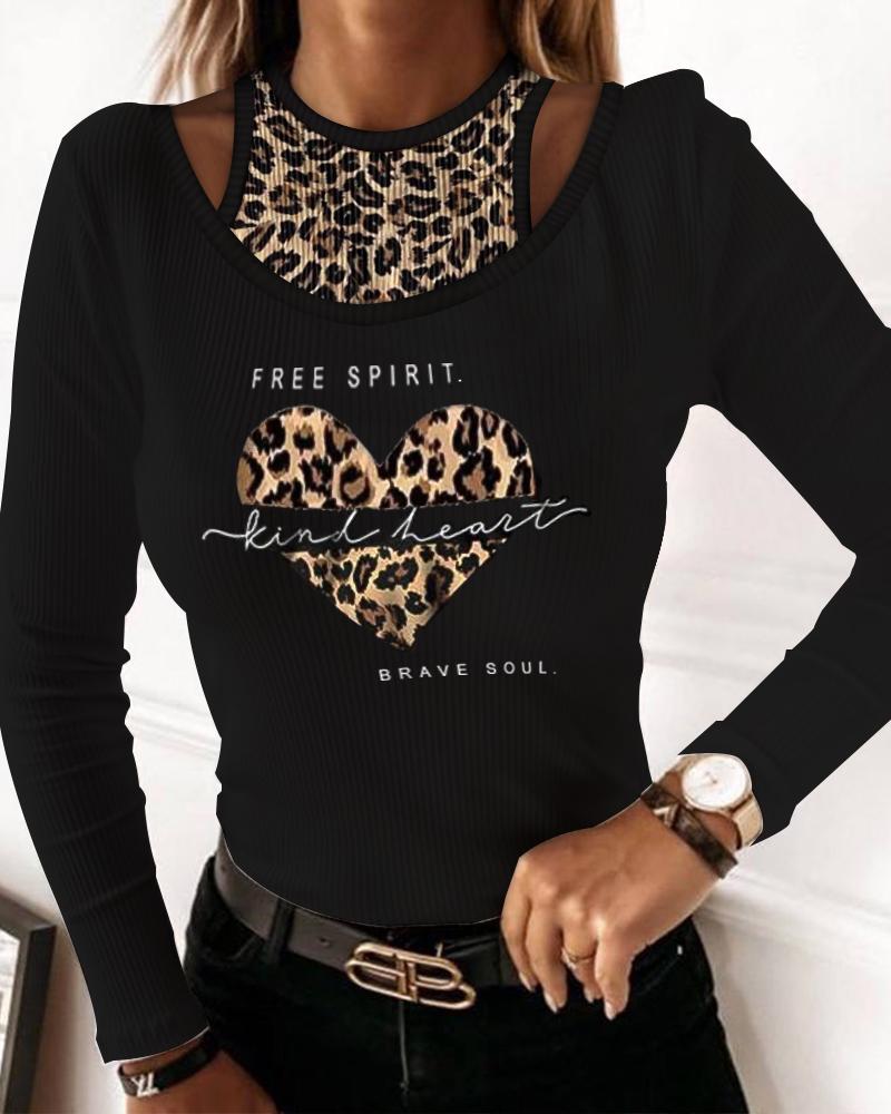 

Leopard Letter Heart Print Patchwork Ribbed Top, Black