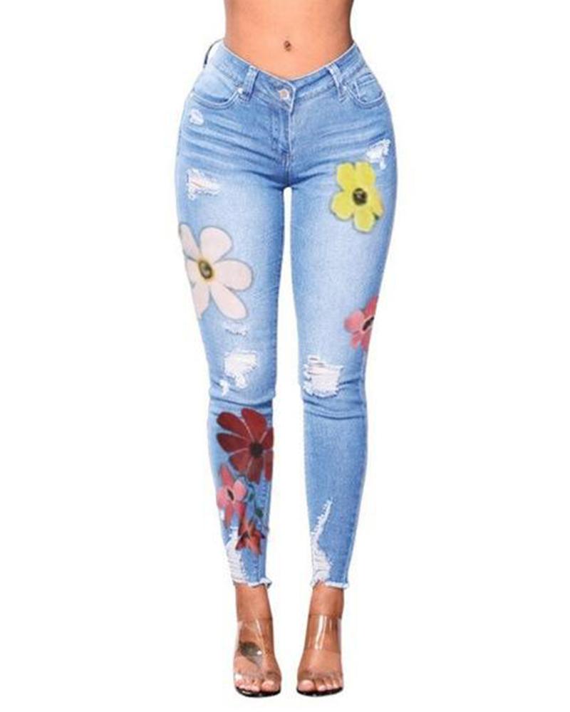 

Floral Distressed Slim Leg Jeans, Light blue