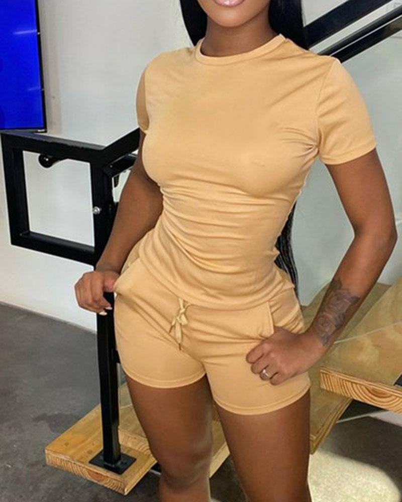 

Plain Casual Top & Drawstring Shorts Set, Khaki
