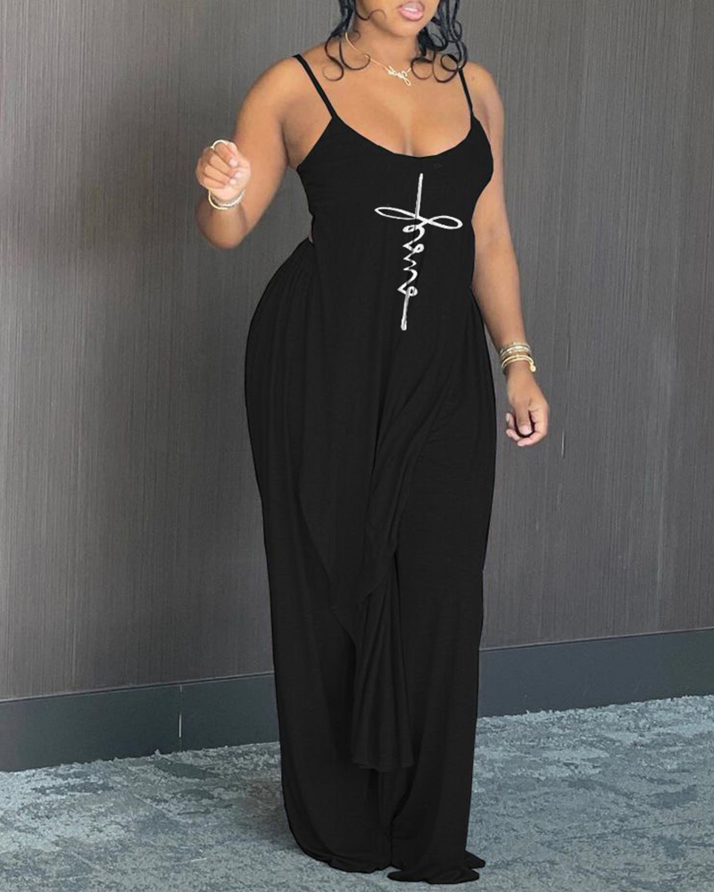 

Letter Pattern Print Asymmetrical Top & Pants Set, Black