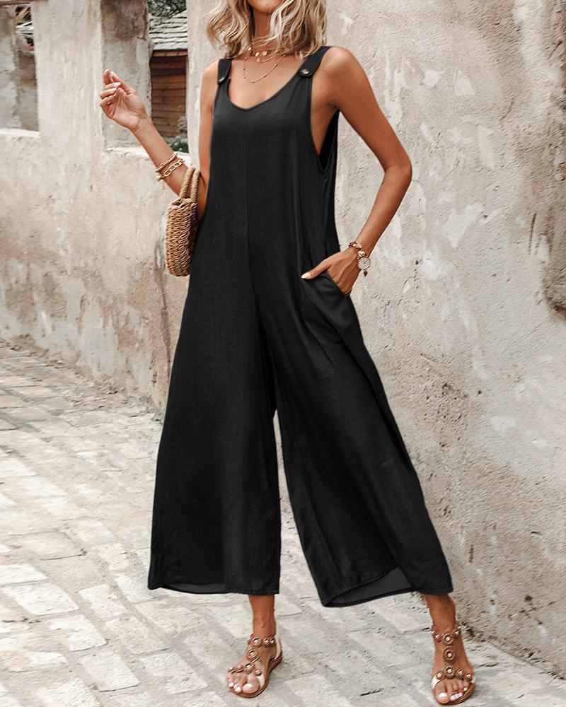 

Buttoned Wide Leg Suspender Jumpsuit, Black