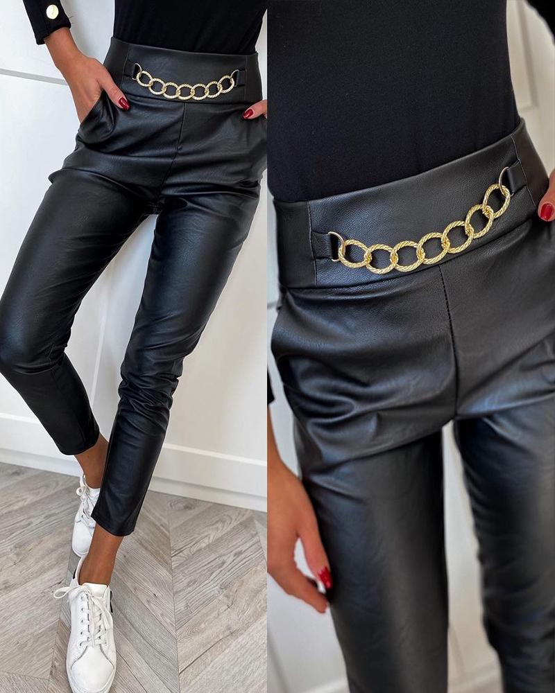 

Chain Decor Skinny PU Leather Pants, Black