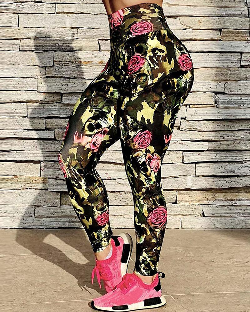 

High Waist Skull Floral Camouflage Print Leggings, Army green