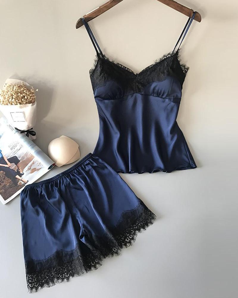 

Satin Eyelash Lace Cami Set, Blue