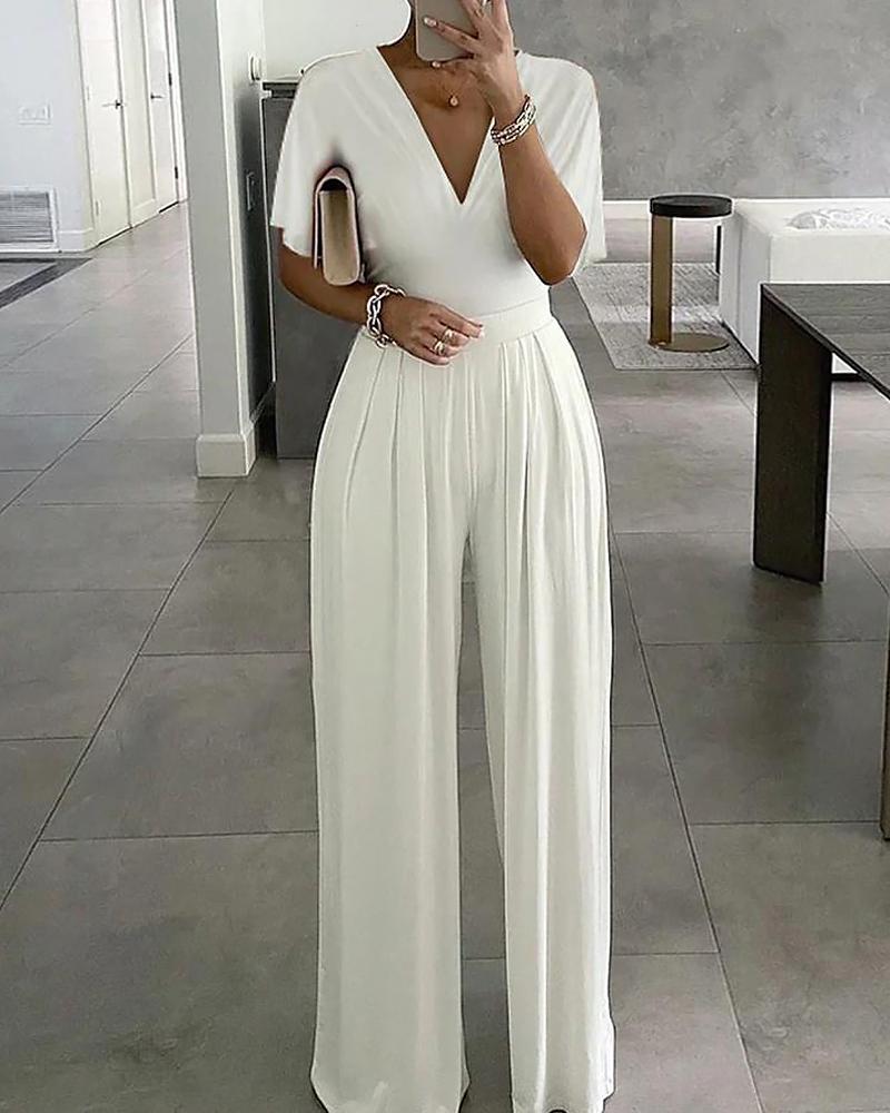 

V-Neck Bell Sleeve Wide Leg Jumpsuit, White